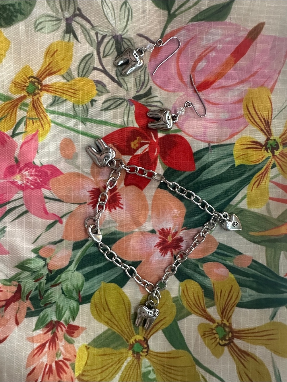 Silver Tooth Charm Bracelet and Earrings Set - Silver